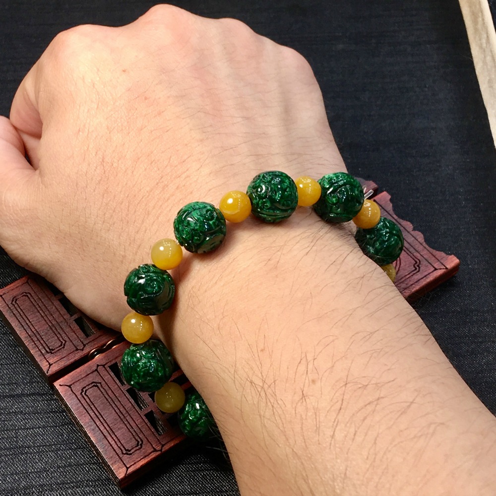 翡翠 花青翡翠 雕花手串 一件翡翠